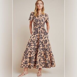 Anthropologie Somerset Tiered Maxi Dress in Brown Motif Women's Size XLP